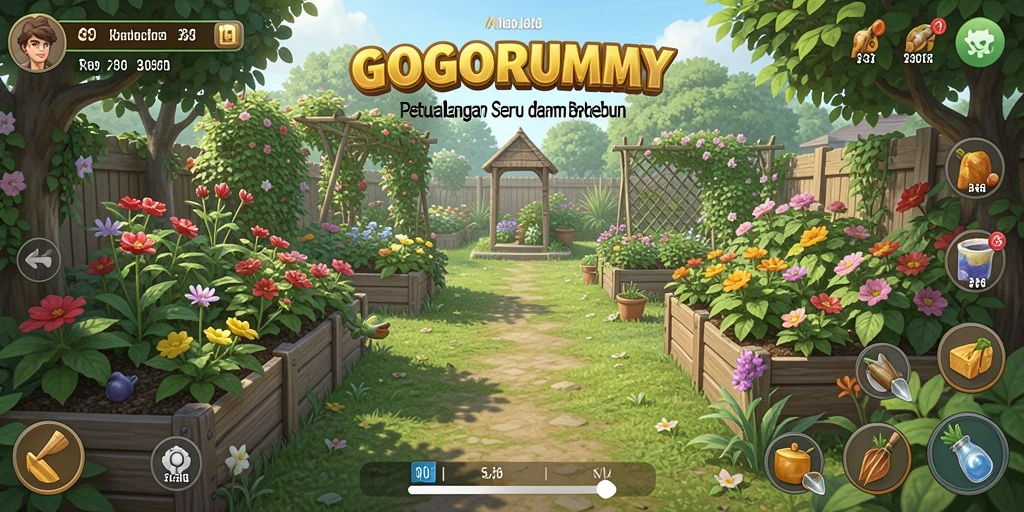 Screenshot gameplay GOGORUMMY dengan aktivitas berkebun yang seru.