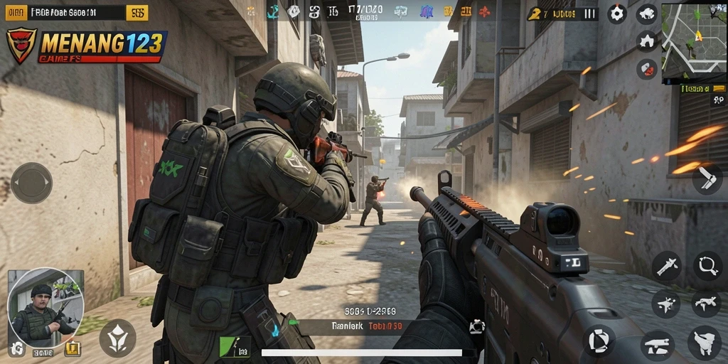 Screenshot gameplay MENANG123 dengan aksi tembak-menembak yang intens.