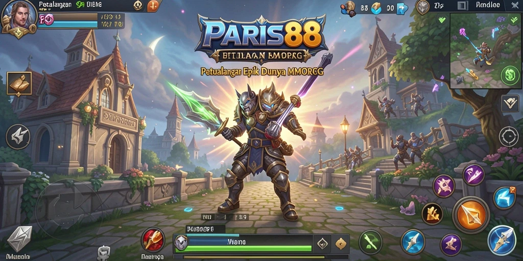 Screenshot PARIS88 menunjukkan karakter bertarung melawan monster raksasa dalam dunia MMORPG yang memukau.