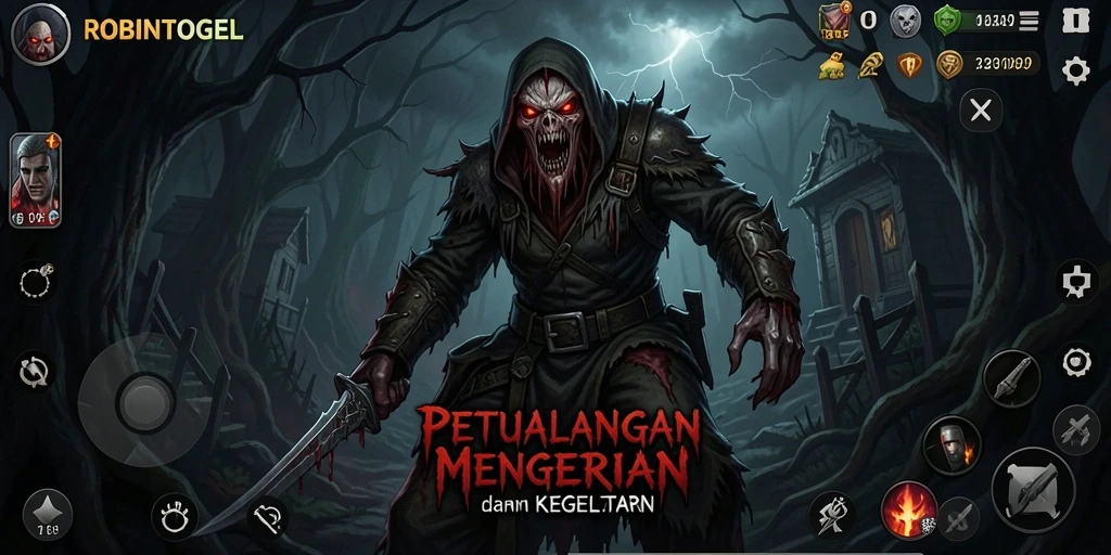 Tampilan seram gameplay ROBINTOGEL dengan suasana kelam dan menegangkan.