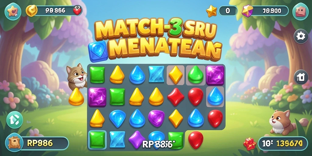 Tampilan gameplay Match-3 yang seru dan penuh warna.