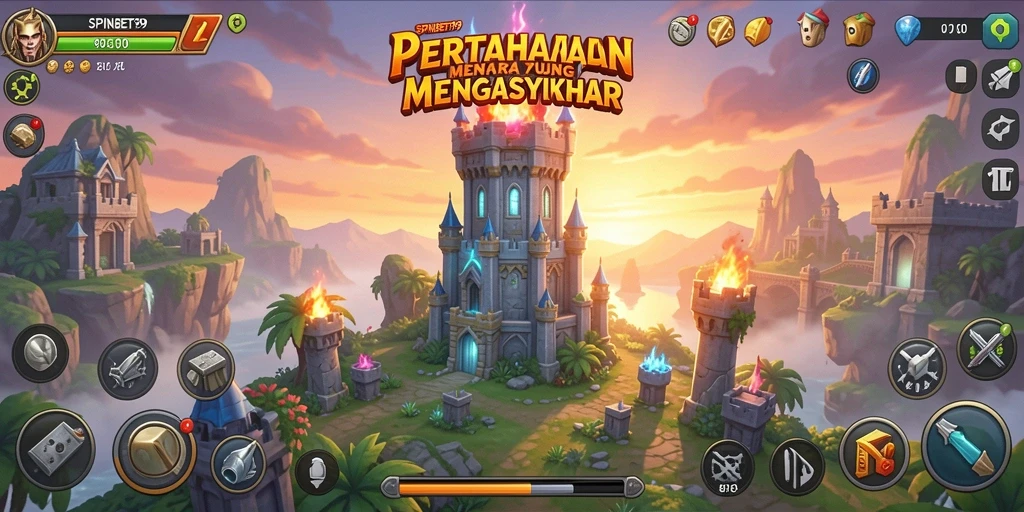 Screenshot gameplay SPINBET99 menampilkan menara yang siap bertahan dari serangan musuh.