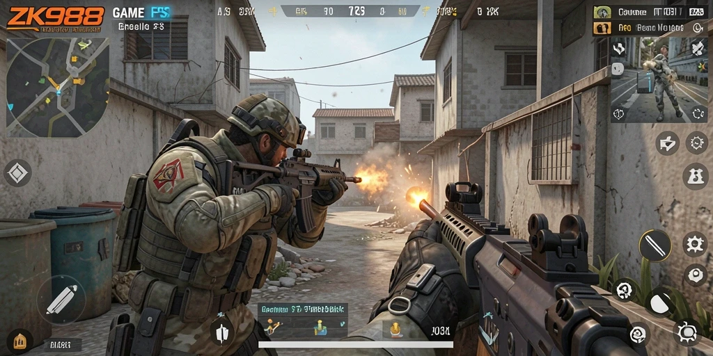 Gameplay ZK988 menampilkan aksi tembak-menembak yang intens.